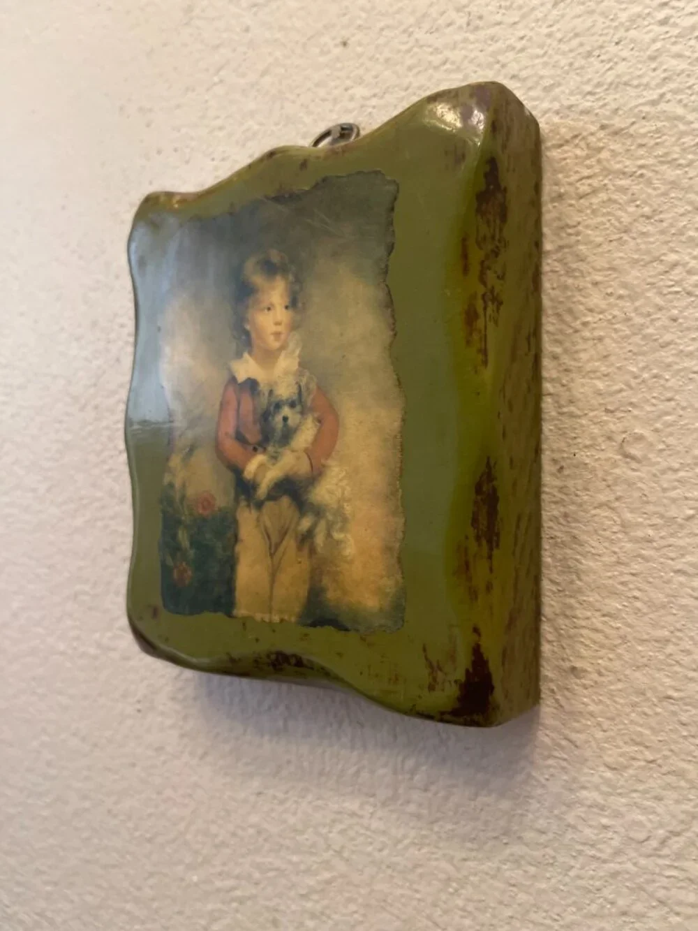 Antique/VTG Decorative Wall Wood Plaque Victorian Style Child & Dog Green